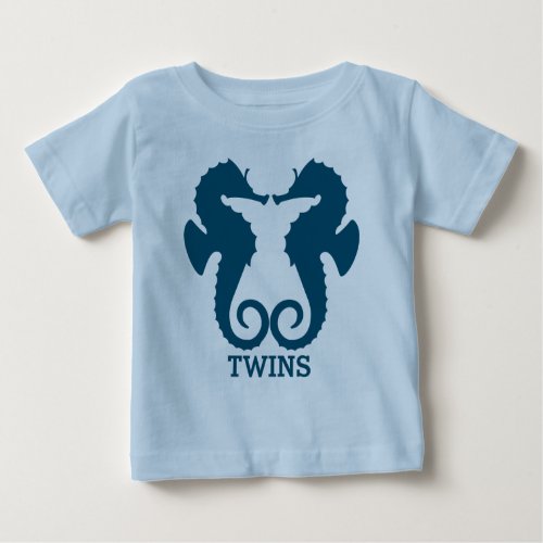 Cute Navy Blue Sea Horses Twins Illustration Baby T_Shirt