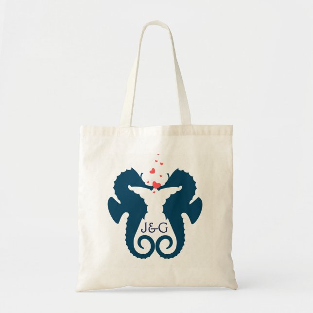 Cute Navy Blue Seahorses Red Hearts Tote Bag (Front)