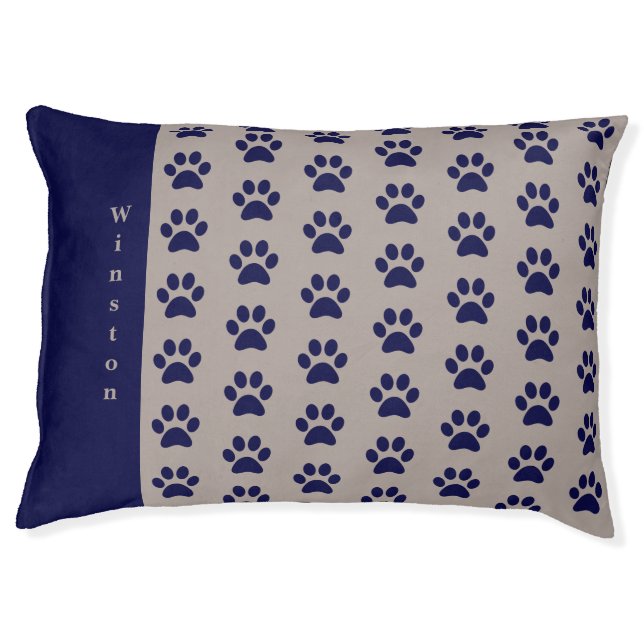 Cute Navy Blue Taupe Paw Print Dog Bed (Front)