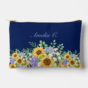 Cute Navy Blue Watercolor Wildflowers Cosmetic Bag