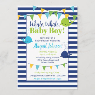Cute Navy Blue Whale Baby Shower It's A Boy Invitation