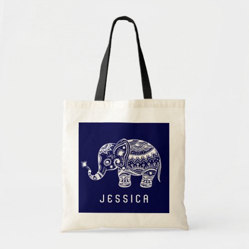 Cute Navy_Blue  White Floral Elephant Tote Bag