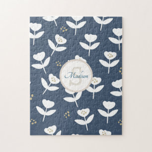 Cute Navy Blue White Floral Monogram Jigsaw Puzzle