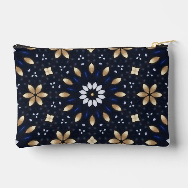 Cute Navy Blue White & Gold Mandala Dot Art Design Accessory Pouch (Back)