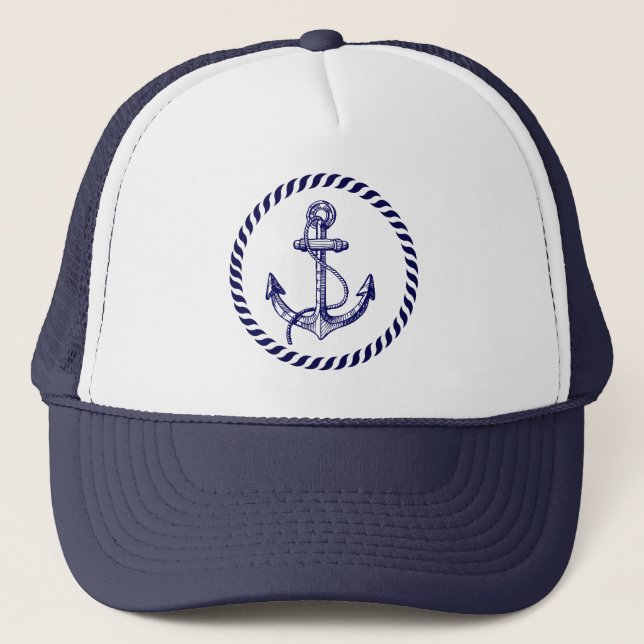 Cute Navy Blue & White Nautical Boat Anchor 5 Trucker Hat (Front)