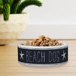 Cute Navy Blue & White Starfish Beach Dog Bowl<br><div class="desc">Cute coastal style dog bowl for your beach house or island abode features the words "beach dog" in white farmhouse style lettering on a navy blue background accented with narrow stripes and a pair of white starfish.</div>