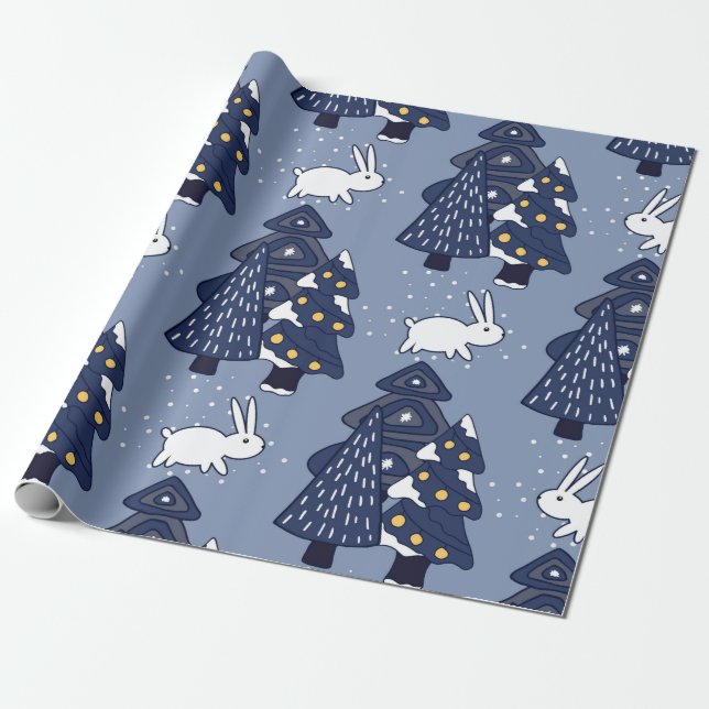Cute Navy Blue Winter Christmas Trees Snow Wrappin Wrapping Paper (Unrolled)
