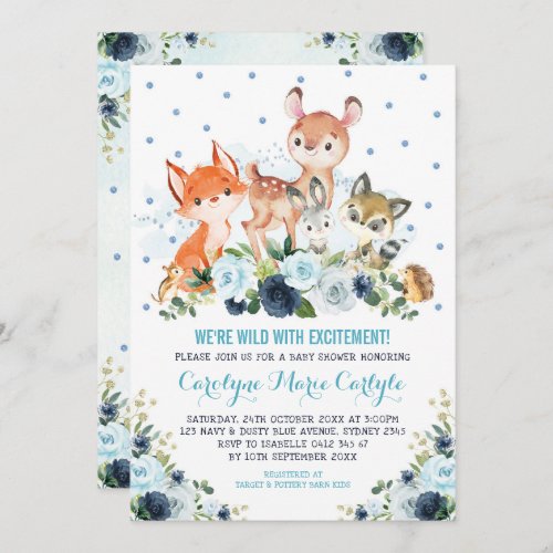 Cute Navy Blue Woodland Forest Animals Baby Shower Invitation