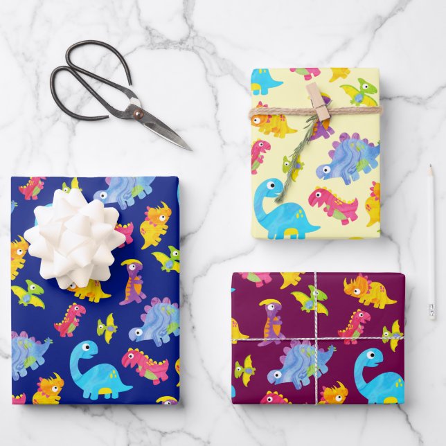Cute Navy Blue, Yellow & Purple Dinosaur Birthday Wrapping Paper Sheets (Front)