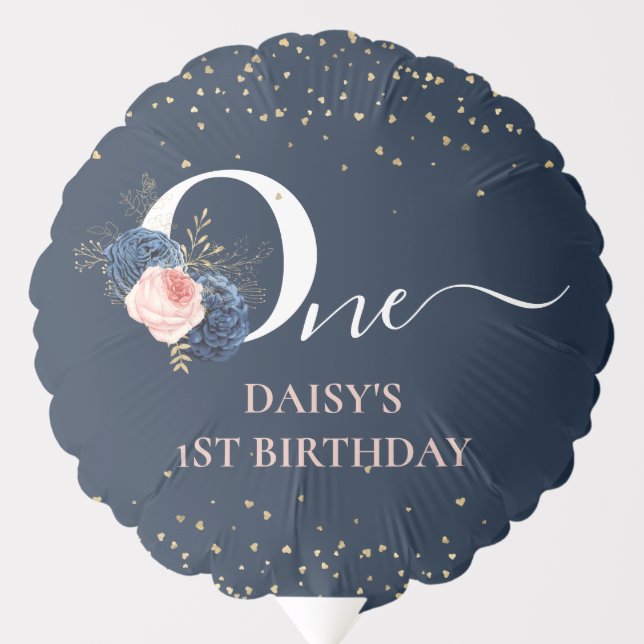 Cute Navy, Blush Pink & Gold Floral 1st Birthday I Balloon (Front)