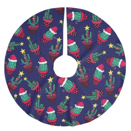 Cute Navy Decorated Cactus Tree Christmas Lights Brushed Polyester Tree Skirt