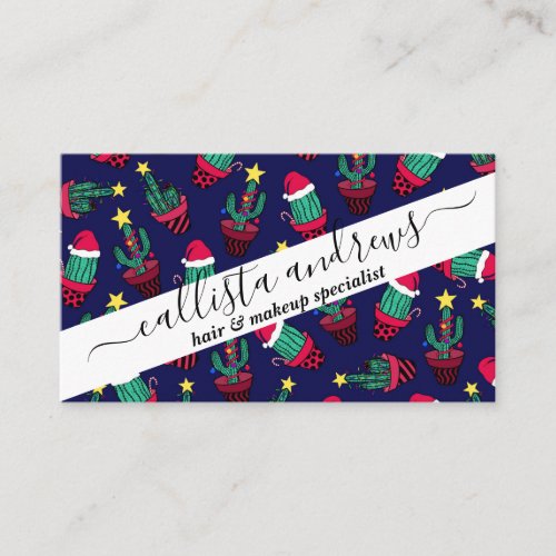 Cute Navy Decorated Cactus Tree Christmas Lights Business Card