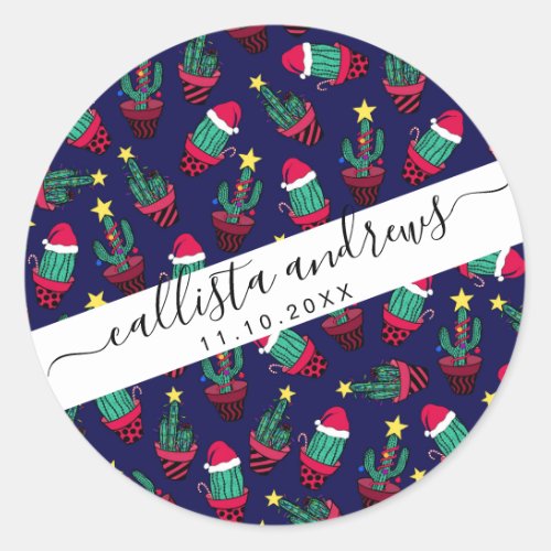 Cute Navy Decorated Cactus Tree Christmas Lights Classic Round Sticker
