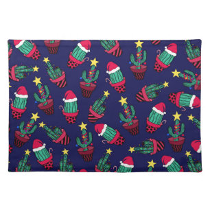 Cute Navy Decorated Cactus Tree Christmas Lights Cloth Placemat