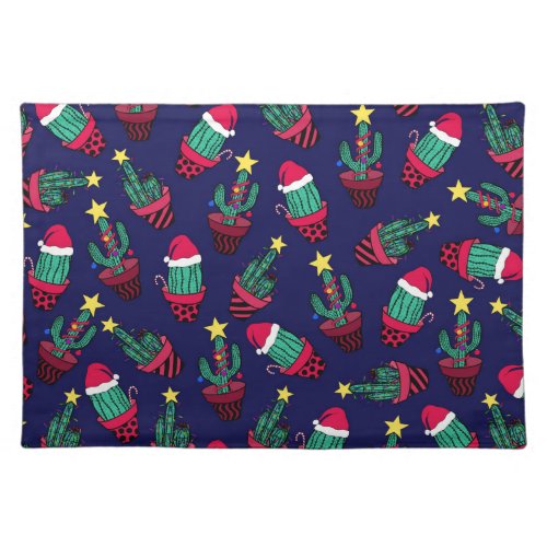 Cute Navy Decorated Cactus Tree Christmas Lights Cloth Placemat