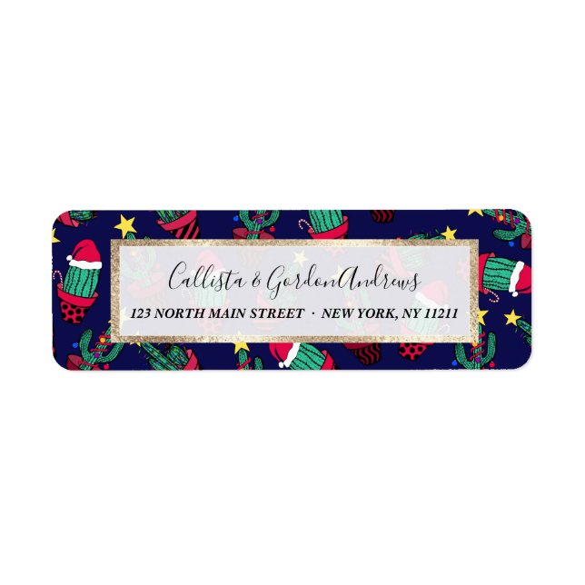 Cute Navy Decorated Cactus Tree Christmas Lights Label (Front)