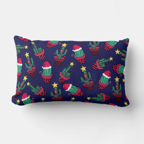 Cute Navy Decorated Cactus Tree Christmas Lights Lumbar Pillow