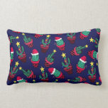 Cute Navy Decorated Cactus Tree Christmas Lights Lumbar Pillow<br><div class="desc">This cute, artistic, and fun Christmas holiday design is perfect for the festive and cheery season. It features a hand-drawn red, green, black, and multicolored decorated cactus trees illustration; including garland, lights, ornaments, candy cane, star toppers, and a Santa Claus hat on top of a bed of white snow and...</div>