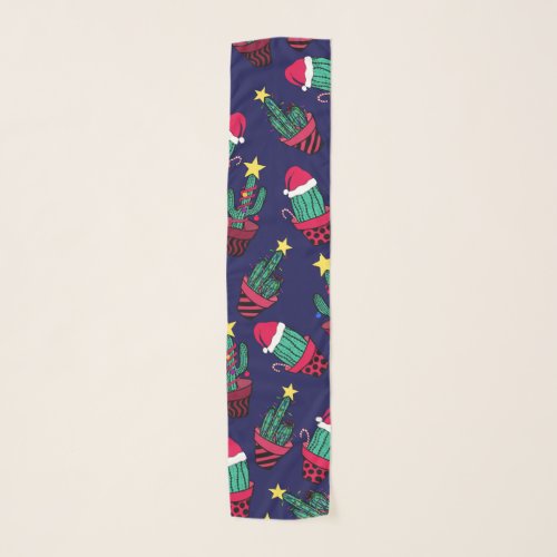 Cute Navy Decorated Cactus Tree Christmas Lights Scarf