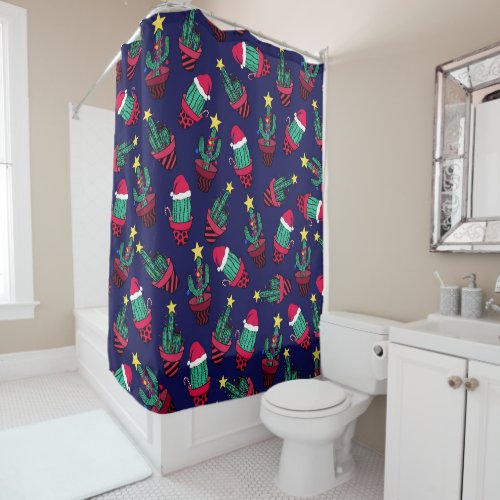 Cute Navy Decorated Cactus Tree Christmas Lights Shower Curtain