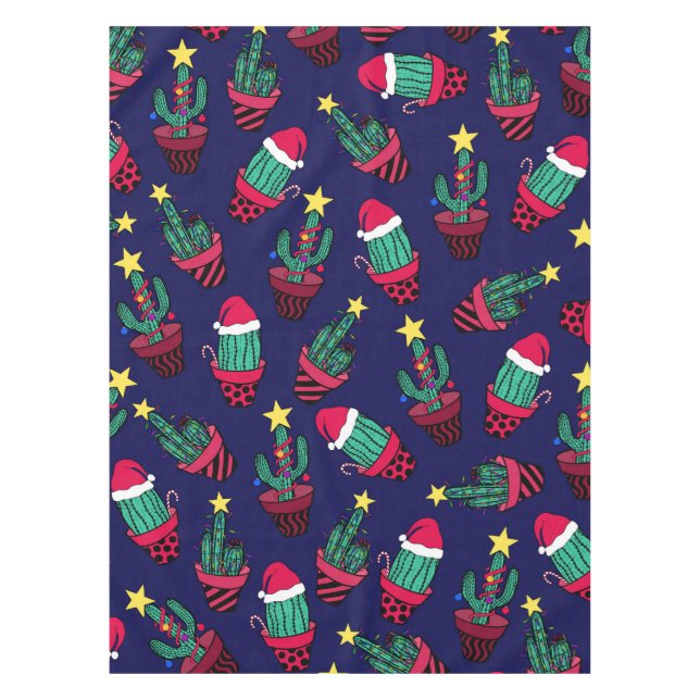 Cute Navy Decorated Cactus Tree Christmas Lights Tablecloth (Front)