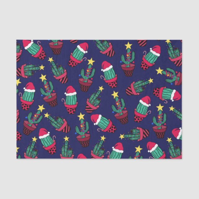 Cute Navy Decorated Cactus Tree Christmas Lights Tissue Paper (Front)