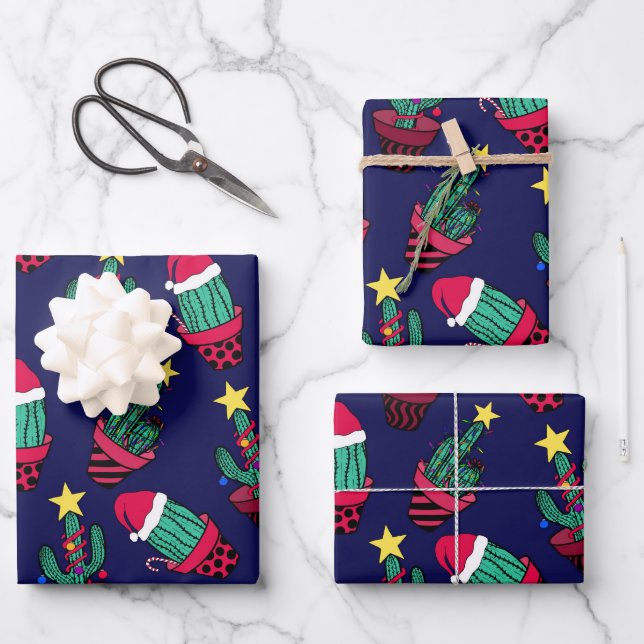 Cute Navy Decorated Cactus Tree Christmas Lights Wrapping Paper Sheets (Front)