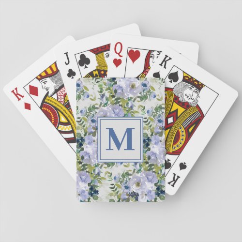 Cute Navy Dusty Blue Watercolor Floral Monogram Poker Cards