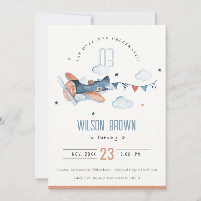 Cute Navy Fly Over Plane Garland Birthday Invite (Front)