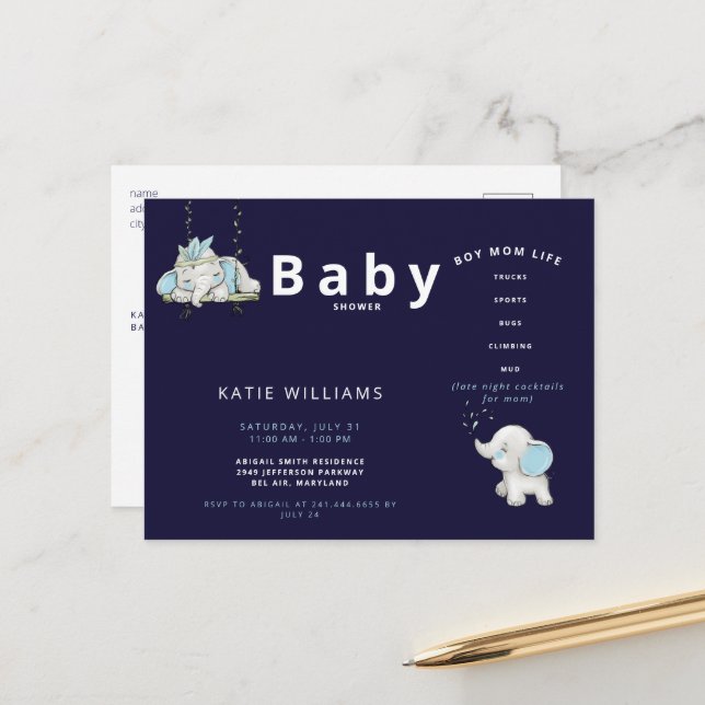  Cute Navy Funny Boy Mom Life Baby Shower Announce Announcement Postcard (Front/Back In Situ)