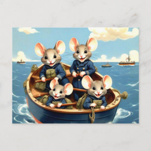 Cute Navy Mice in Boat Postcard