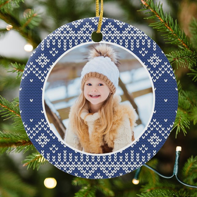 Cute Navy Nordic Snowflake Sweater Pattern Photo Ceramic Ornament (Creator Uploaded)