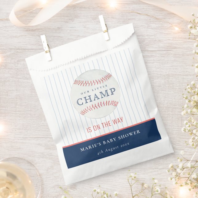 Cute Navy Our Little Champ Baseball Baby Shower Favor Bag (Clipped)
