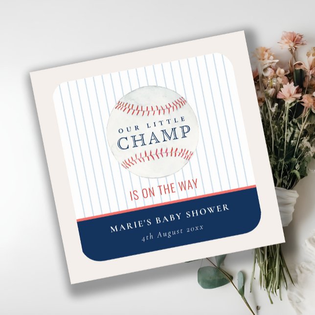 Cute Navy Our Little Champ Baseball Baby Shower N Square Sticker (Creator Uploaded)