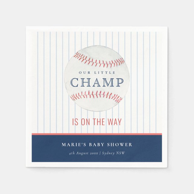 Cute Navy Our Little Champ Baseball Baby Shower Napkins (Front)