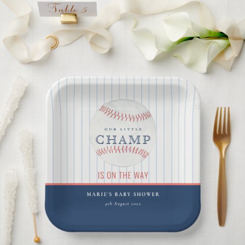 Cute Navy Our Little Champ Baseball Baby Shower Paper Plates