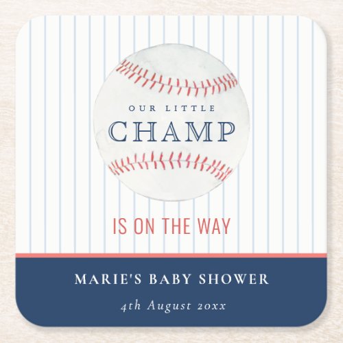 Cute Navy Our Little Champ Baseball Baby Shower Square Paper Coaster