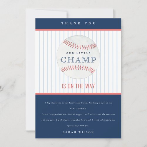 Cute Navy Our Little Champ Baseball Baby Shower Thank You Card