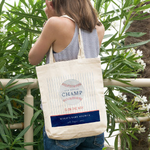 Cute Navy Our Little Champ Baseball Baby Shower Tote Bag