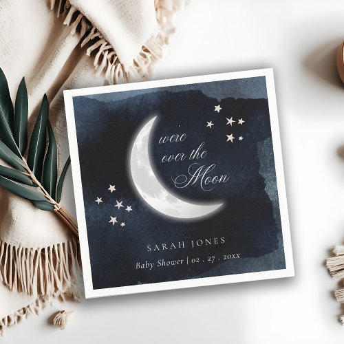 Cute Navy Over the Moon Glowing Stars Baby Shower Napkins
