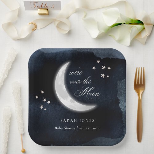 Cute Navy Over the Moon Glowing Stars Baby Shower Paper Plates