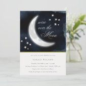 Cute Navy Over the Moon Stars Baby Shower Invite (Standing Front)