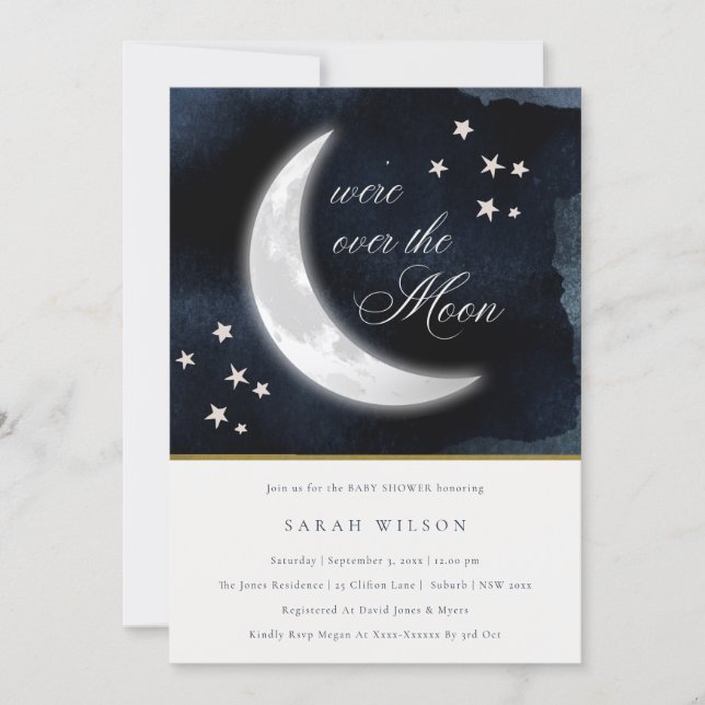 Cute Navy Over the Moon Stars Baby Shower Invite (Front)