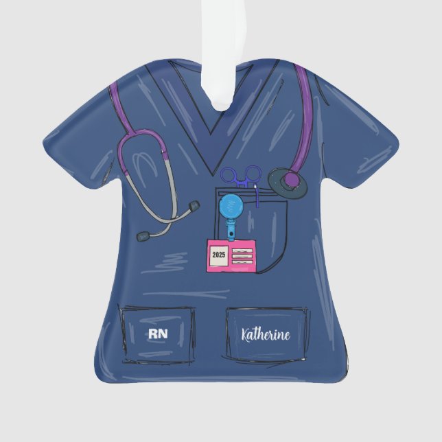 Cute Navy Personalized Nurse Scrub Christmas Ornament (Front)