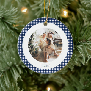 Cute Navy Plaid Custom Photo Christmas Holiday Ceramic Ornament
