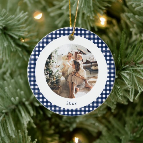 Cute Navy Plaid Custom Photo Christmas Holiday Ceramic Ornament