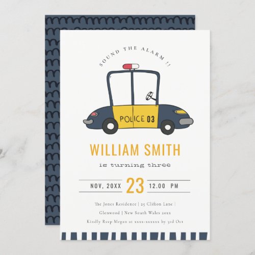 Cute Navy Police Car Kids Any Age Birthday Invite