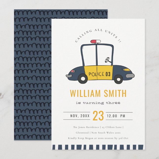 Cute Navy Police Car Kids Any Age Birthday Invite (Front/Back)