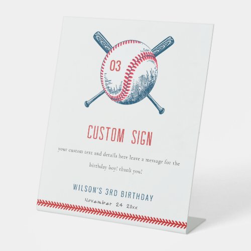 Cute Navy Red Baseball Bat Birthday Custom Party Pedestal Sign