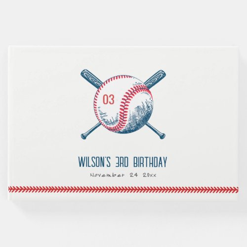 Cute Navy Red Baseball Bat Star Kids Birthday Guest Book